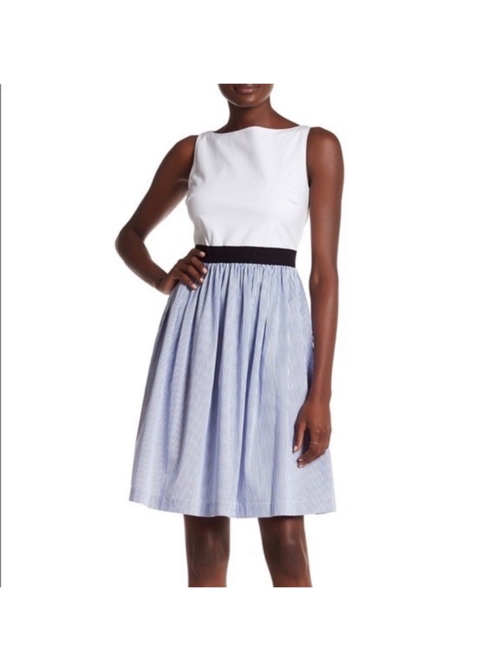 kate spade White Bodice Blue Striped Midi Dress with Black Waistband